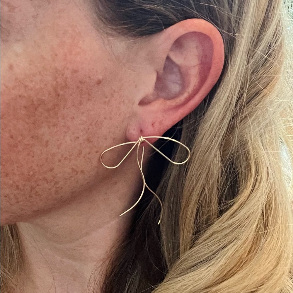 New Gold Tone Bow Threader Earrings | Lightweight | Grandmillenial | Coquette - Picture 5 of 5